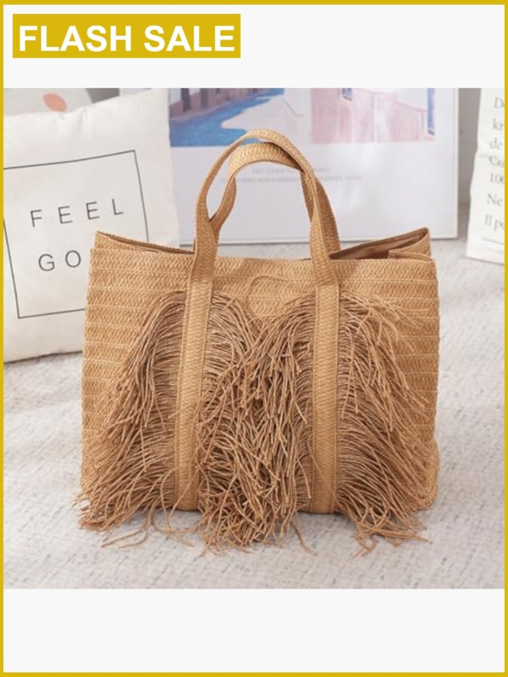 Woven Straw Tote Bag with Fringe Tassel Large Beach Shoulder Bag - Picture 3 of 7